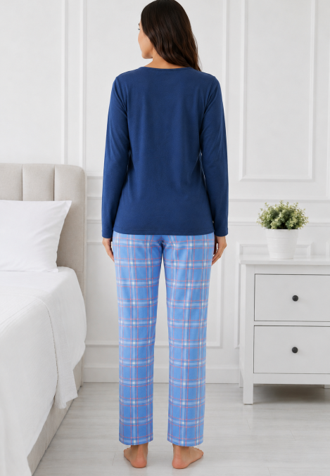 Pijama de damă cu bluză cu maneca lunga și pantaloni-Bleumarin,Engros